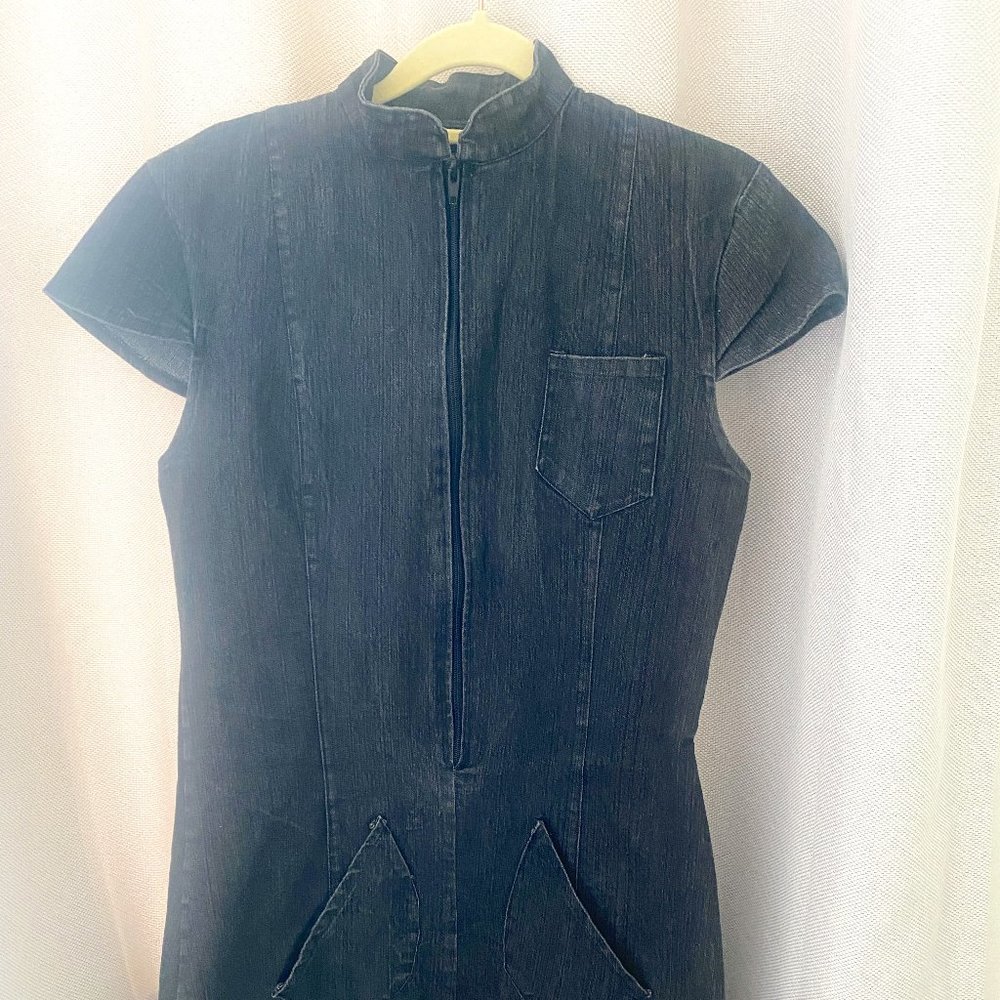 Unlabeled black stretch denim mini dress from Europe